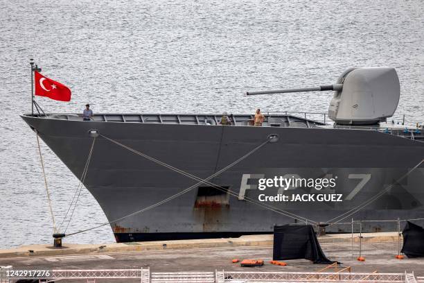 The Turkish national flag flies on the prow of the Turkish Navy Turkish frigate TCG Kemalreis as it docks at Israel's northern port of Haifa during a...