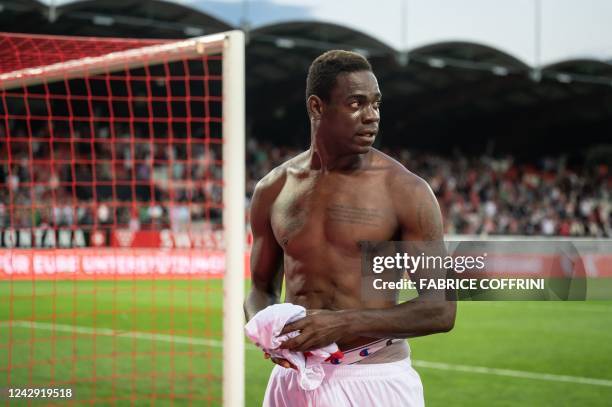 Sion's Italian forward Mario Balotelli looks on after winning 2-1 the Swiss Super League football match FC Sion against FC Basel at the Tourbillon...