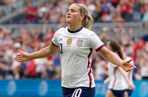 Lindsey Horan of United States celebrates her goal in the first half of the international friendly match against Nigeria at Children's Mercy Park on...