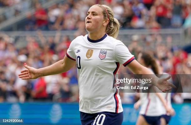 Lindsey Horan of United States celebrates her goal in the first half of the international friendly match against Nigeria at Children's Mercy Park on...