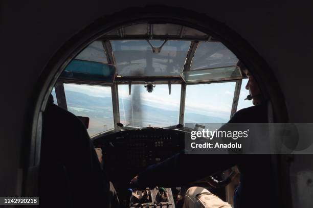 The view from a Soviet-made Antonov AN-2 double-winged aeroplane while climbing to high altitudes at the Annual Air show organized by Kosice...