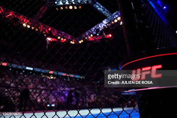View of the cage during the Ultimate Fighting Championship event at the Paris-Bercy arena in Paris on September 3, 2022.