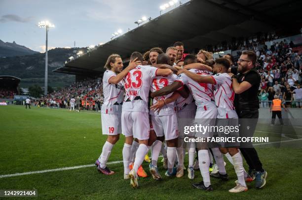 Sion's players celebrates their second goal during the Swiss super league football match FC Sion against FC Basel at the Tourbillon stadium in Sion,...