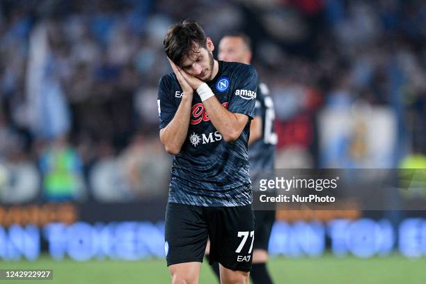 Khvicha Kvaratskhelia of SSC Napoli celebrates after scoring second goal during the Serie A match between SS Lazio and SSC Napoli at Stadio Olimpico,...