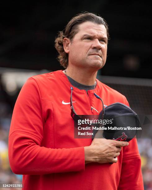 Andy Fox of the Boston Red Sox looks on during the National Anthem ahead of a game against the Texas Rangers on September 3, 2022 at Fenway Park in...