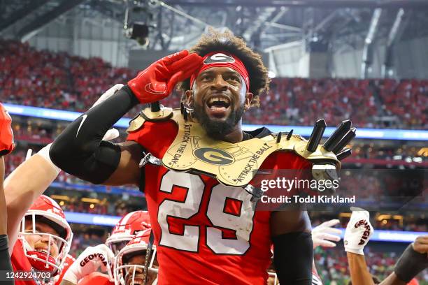 Christopher Smith of the Georgia Bulldogs reacts on the sidelines during the first half against the Oregon Ducks at Mercedes-Benz Stadium on...