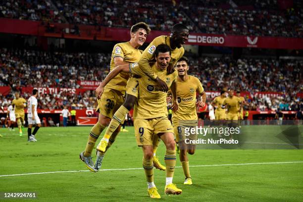 Robert Lewandowski centre-forward of Barcelona and Poland celebrates after scoring his sides first goal during the La Liga Santander match between...