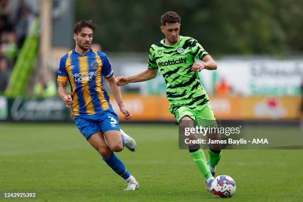 Luke Leahy of Shrewsbury Town and Corey O'Keefe of Forest Green Rovers during the Sky Bet League One between Forest Green Rovers and Shrewsbury Town...