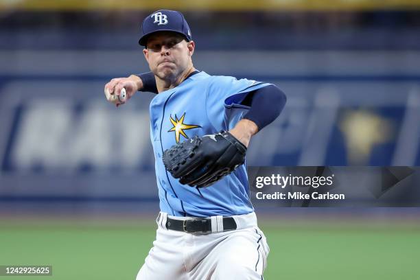 Corey Kluber of the Tampa Bay Rays pitches against the New York Yankees in the first inning of the game at Tropicana Field on September 3, 2022 in...