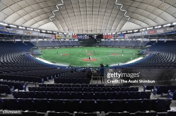 General view of the empty stadium during the practice game between Seibu Lions and Yomiuri Giants at the Tokyo Dome on June 2, 2020 in Tokyo, Japan.