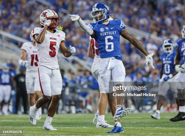 Dane Key of the Kentucky Wildcats reacts after a first down during the first half against the Miami Redhawks at Kroger Field on September 3, 2022 in...