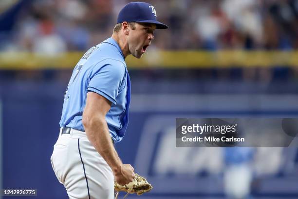 Jason Adam of the Tampa Bay Rays reacts after striking out Josh Donaldson of the New York Yankees to end the game at Tropicana Field on September 3,...