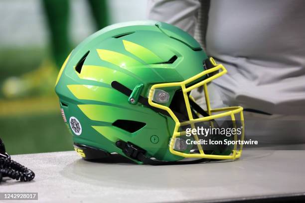 General view of an Oregon Ducks helmet during the game between the Oregon Ducks and the Georgia Bulldogs on September 3, 2022 at Mercedes-Benz...