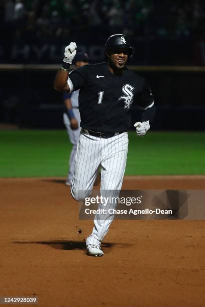 Elvis Andrus of the Chicago White Sox celebrates after hitting a grand slam against the Minnesota Twins in the ninth inning at Guaranteed Rate Field...