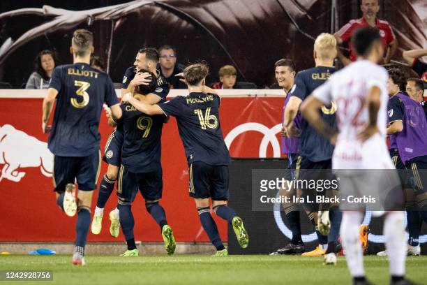 Daniel Gazdag of Philadelphia Union celebrates his goal with teammates in the second half of the Major League Soccer match against New York Red Bulls...