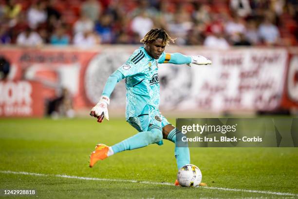 Andre Blake of Philadelphia Union clears the ball in the second half of the Major League Soccer match against New York Red Bulls at Red Bull Arena on...