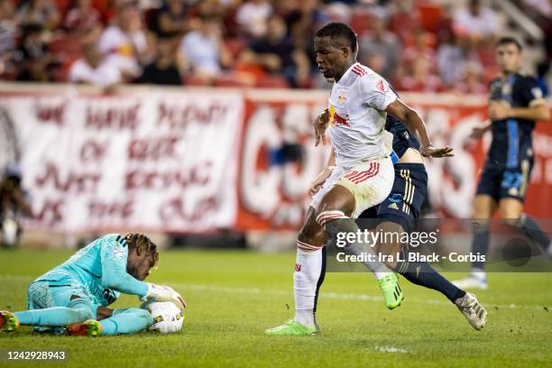 Andre Blake of Philadelphia Union stops the shot on goal by Elias Manoel Alves de Paula of New York Red Bulls in the second half of the Major League...