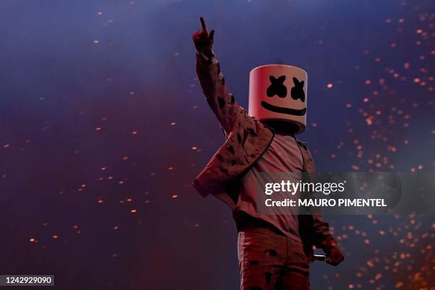 Marshmello performs on the Main stage of the Rock in Rio music festival at the Olympic Park in Rio de Janeiro, Brazil, on September 3, 2022. The Rock...