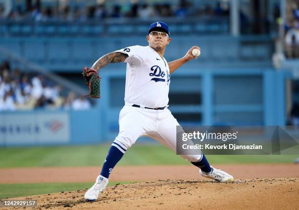 Starting pitcher Julio Urias of the Los Angeles Dodgers throws against the San Diego Padres during the second inning at Dodger Stadium on September...