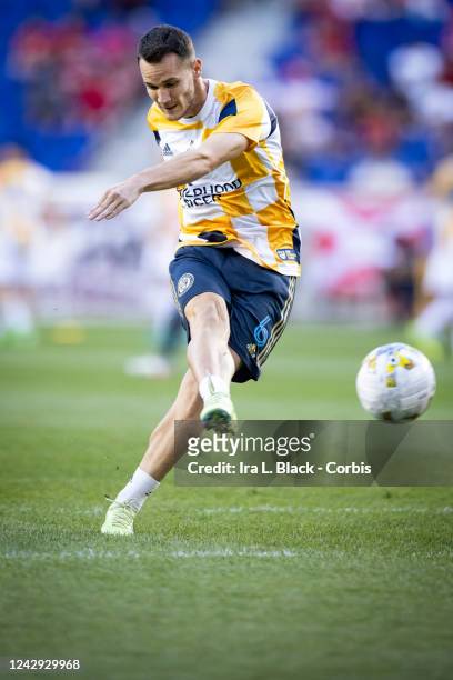 Daniel Gazdag of Philadelphia Union wears a Kick Childhood Cancer jersey as he takes a shot on goal during warm ups before the Major League Soccer...
