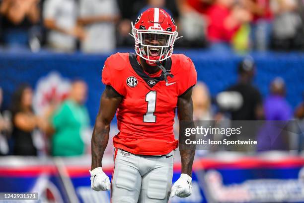 Georgia defensive back Nyland Green reacts after making a tackle during the Chick-Fil-A Kickoff Game between the Oregon Ducks and the Georgia...