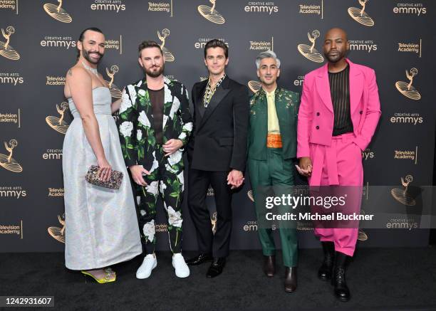 Jonathan Van Ness, Bobby Berk, Antoni Porowski, Tan France and Karamo Brown at the 2022 Creative Arts Emmy Awards press room held at the Microsoft...