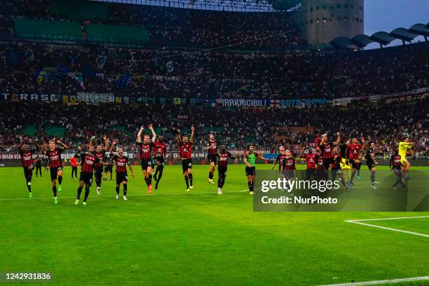 Team of AC Milan win celebrate during AC Milan against FC Inter, Serie A, at Stadio San Siro on September 03rd, 2022.