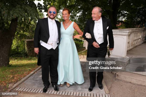 Alexander Fuerst zu Schaumburg-Lippe, Tatjana Baronin Rukavina and Hubertus Baron Rukavina during the wedding of August-Frederik Prinz zu...