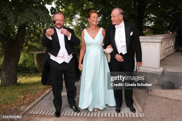 Alexander Fuerst zu Schaumburg-Lippe, Tatjana Baronin Rukavina and Hubertus Baron Rukavina during the wedding of August-Frederik Prinz zu...