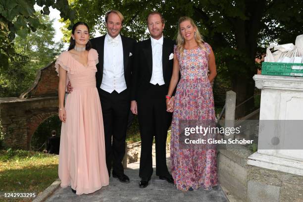 Princess Deniz of Bavaria and Prince Konstantin of Bavaria, Christian Dienst and Princess Felipa of Bavaria during the wedding of August-Frederik...