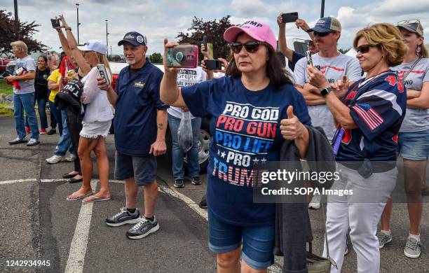 Trump supporters photograph the arrival of Bikers for Trump. Former President Donald Trump held a rally in Wilkes-Barre-Barre Township. An estimated...