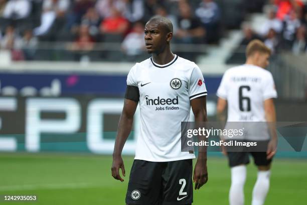 Evan Ndicka of Eintracht Frankfurt gestures during the Bundesliga match between Eintracht Frankfurt and RB Leipzig at Deutsche Bank Park on September...