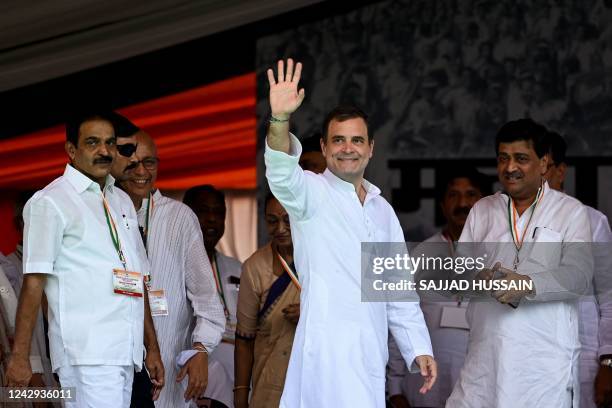 Congress party leader Rahul Gandhi arrives to address a rally against inflation and price rise of other essential commodities at the Ramlila grounds...