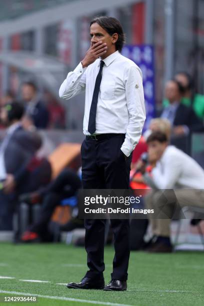 Simone Inzaghi of FC Internazionale looks on during the Serie A match between AC Milan and FC Internazionale at Stadio Giuseppe Meazza on September...