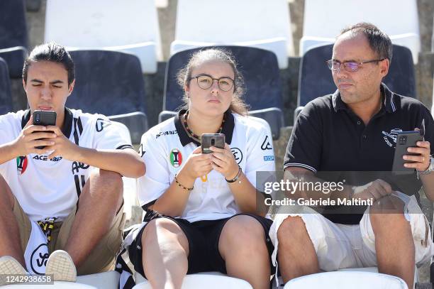 Fans of Spezia Calcio during the Serie A match between Spezia Calcio and Bologna FC at Stadio Alberto Picco on September 4, 2022 in La Spezia, Italy.