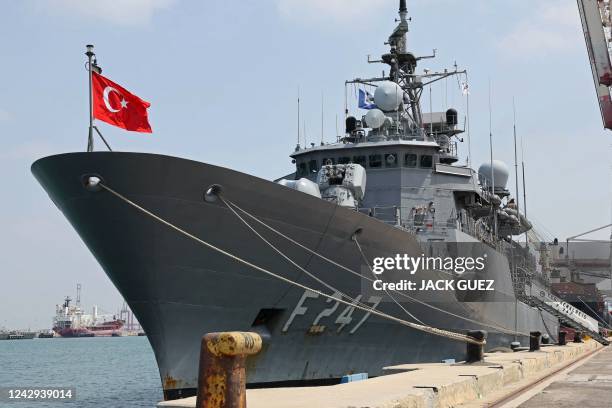 The Turkish Navy Turkish frigate TCG Kemalreis docks at Israel's northern port of Haifa during a NATO naval exercise on September 3, 2022. The TCG...