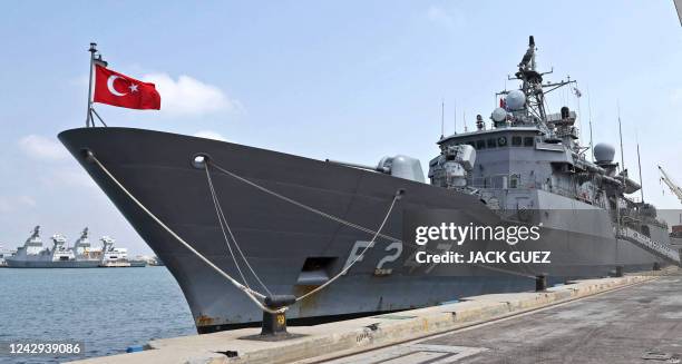 The Turkish Navy Turkish frigate TCG Kemalreis docks at Israel's northern port of Haifa during a NATO naval exercise on September 3, 2022. The TCG...