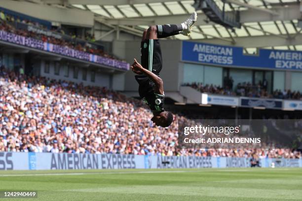 Leicester City's Zambian striker Patson Daka celebrates after scoring his team second goal during the English Premier League football match between...