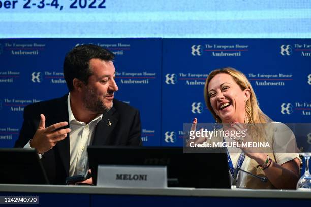 Member of Lega Matteo Salvini and Co-founder and President of the Fratelli d'Italia Giorgia Meloni gesture during the 48th edition of the annual "The...