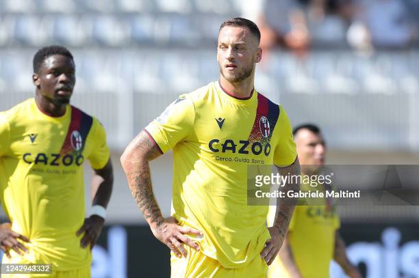 Marko Arnautovic of Bologna FC looks on during the Serie A match between Spezia Calcio and Bologna FC at Stadio Alberto Picco on September 4, 2022 in...