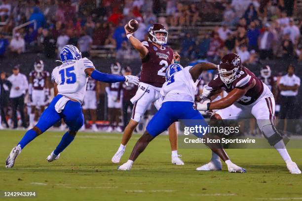 Mississippi State Bulldogs quarterback Will Rogers fires a pass during the game between the Mississippi State Bulldogs and the Memphis Tigers on...