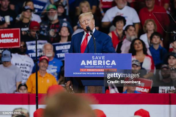 Former US President Donald Trump speaks during a rally in Wilkes-Barre, Pennsylvania, US, on Saturday, Sept. 3, 2022. Trump used a Pennsylvania rally...