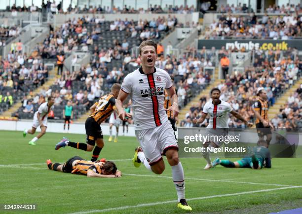 Sander Berge of Sheffield United celebrates scoring during the Sky Bet Championship between Hull City and Sheffield United at MKM Stadium on...