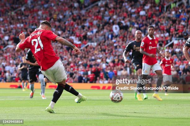 Antony of Manchester United scores their 1st goal during the Premier League match between Manchester United and Arsenal FC at Old Trafford on...