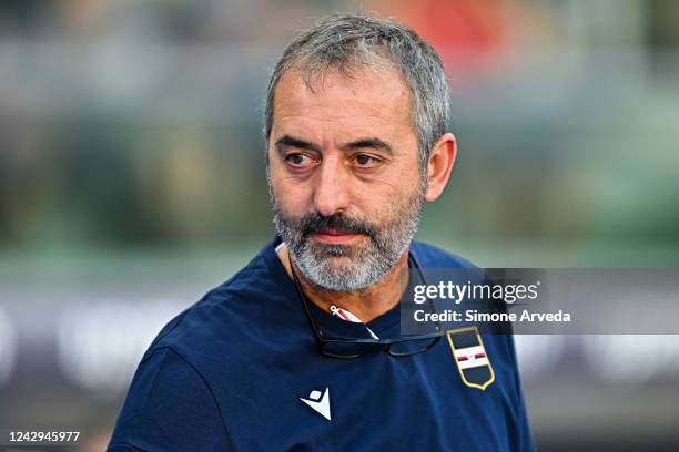 Marco Giampaolo head coach of Sampdoria looks on prior to kick-off in the Serie A match between Hellas Verona and UC Sampdoria at Stadio Marcantonio...