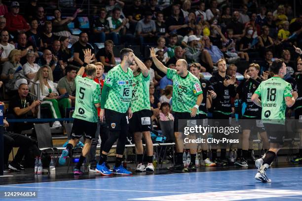 Celebration of the Fuechse Berlin during the Liqui Moly Handball Bundesliga match between the Fuechse Berlin against FRISCH AUF! Goeppingen on...