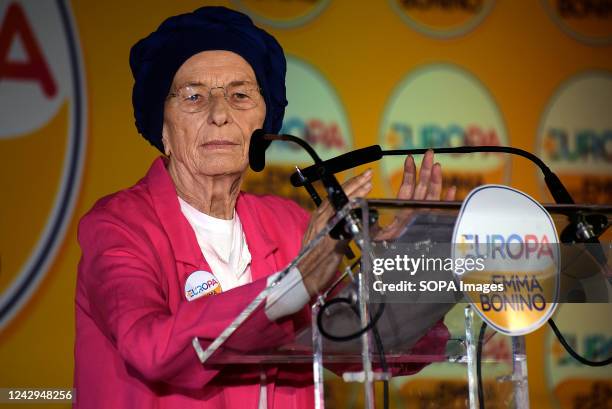 Emma Bonino, senator of the + Europe party, speaks on stage during the official opening of the election campaign for the Italian political elections...