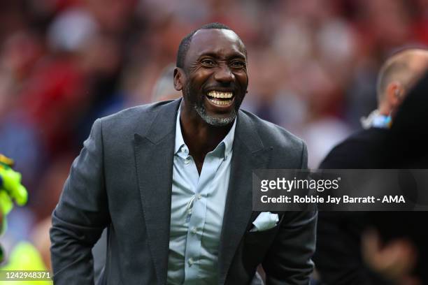 Jimmy Floyd Hasselbaink working for Sky Sports TV during the Premier League match between Manchester United and Arsenal FC at Old Trafford on...