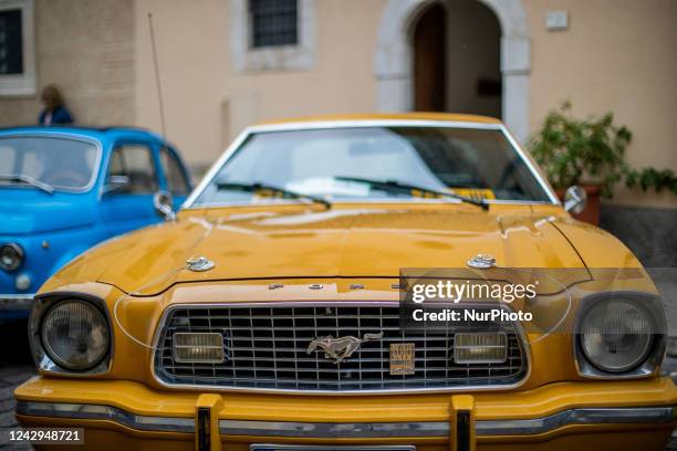 Ford Mustang 1974 during a meeting of the Fiat 500 in Rocca di Cambio, near LAquila, Italy, on September 4, 2022.