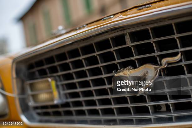 The logo of the Mustang is displayer on a Ford Mustang 1974 during a meeting of the Fiat 500 in Rocca di Cambio, near LAquila, Italy, on September 4,...